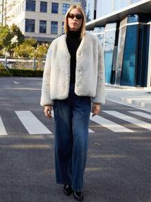 Plus Size Women Front Open Faux Fur Collar Long Sleeve Jacket, Business Commute Coat For Winter