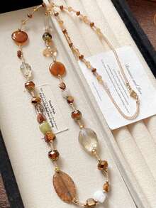 1 chiếc vòng cổ dài đính hạt hình giọt nước phong cách Bohemian cổ điển đa năng dành cho nữ, thích hợp mặc đi tiệc và dự tiệc mùa thu/đông - Màu nâu - Xem 8