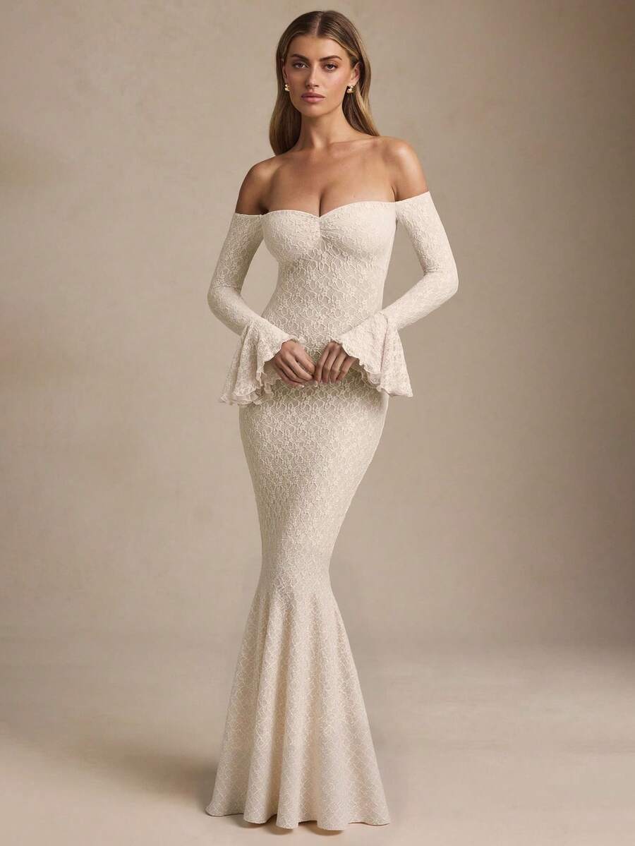 1pc Solid Color Lace Off-Shoulder Elegant Fitted Cocktail Party Wedding Dress, Valentine's Day Spring - Apricot - View 1