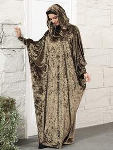 VFJ Muslim Prayer Dress, Solid Color Elegant Turkish Style Middle Eastern Arabic Ladies' Long Robe, Gold & Brick Red Wool Hooded Robe, With Storage Bag Included