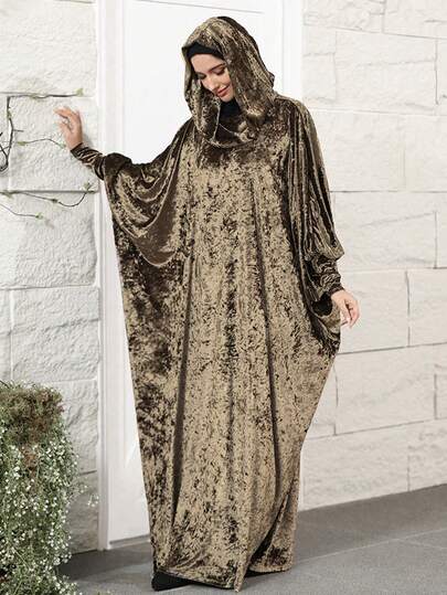 VFJ 穆斯林祈祷服，纯色优雅土耳其风格中东阿拉伯女士长袍，金色和砖红色羊毛连帽长袍，附赠收纳袋