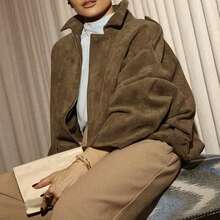 European American Women's Fashion Bomber Jacket: Bat Sleeve, Zipper Closure, Casual Top For A Stylish Look - 軍綠色 - 查看 4