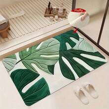 1 pieza Alfombra de baño con estampado de hojas verdes tropicales, alfombra de área pequeña adecuada para sala de estar, dormitorio, cocina, oficina, bañera, ducha, decoración de baño, superficie suave y esponjosa, para todas las estaciones, alfombra esponjosa, decoración del hogar encantadora. Ideal para decoración de baño o dormitorio, accesorios de baño, adecuado para decoración de entrada del hogar, decoración navideña, alfombra de cocina