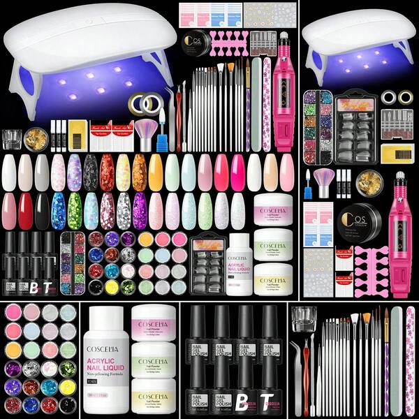 coscelia COSCELIA Acrylic Nail Kit For Beginners: With Everything Gel Polish Kit With UV Lamp Acrylic Nail Set With Glitter Acrylic Powder Complete Starter Kit Acrylic Nail Supplies