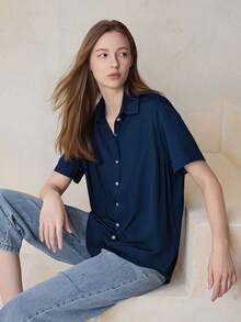 Women's Casual And Formal Shirt, Short Sleeve, Elegant And Comfortable For Summer - Màu xanh hải quân - Xem 2