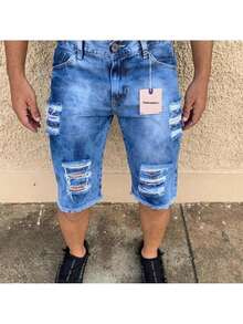 Men's White Ripped Denim Shorts - Azul lavado medio - Ver 1