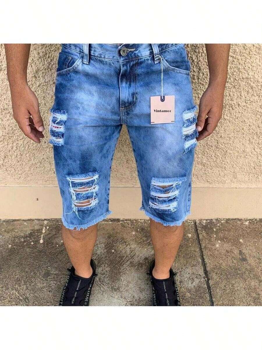 Men's White Ripped Denim Shorts - Azul lavado medio - Ver 1