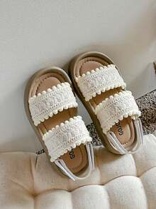 一双女童编织公主风软底沙滩鞋适合夏季小中童鞋大童魔术贴女童沙滩鞋 - 米色 - 查看 8