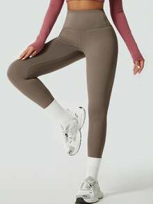 1 pieza Pantalones deportivos de ciclismo de cintura alta elástica de unicolor minimalista para mujer, primavera - Marrón - Ver 4