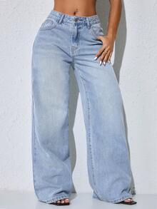 Quần jeans nữ ống rộng cạp thấp màu xanh dương rách nhẹ, túi xéo, gấu cong, kiểu dáng thường ngày, thích hợp cho mùa xuân. - Màu xanh lam - Xem 4