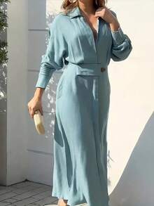 Women's Elegant Long-Sleeved Dresses - See-Through Formal And Everyday, Office Party Looks, Stylish Shirt Maxi Skirts - 藍色 - 查看 4