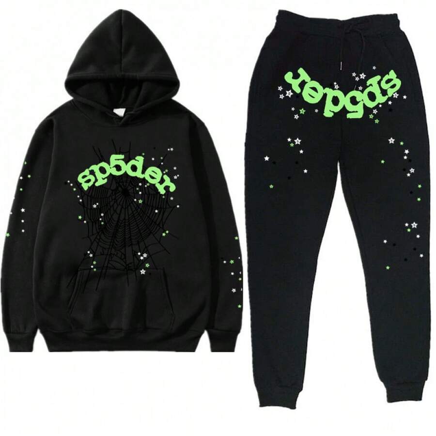 American Hip-Hop Singer Letter Print Couple Sweatshirt Unisex Hoodie Set Black Casual Wear Vacation Wear Streetwear Fabric - 7黑色 - 查看 1