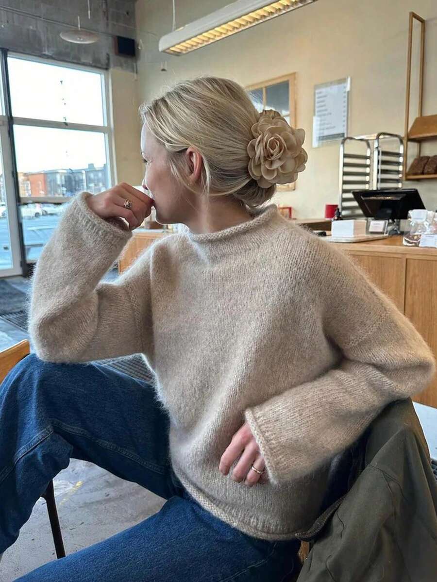 Women's Casual Loose Slouchy Half-High Collar Ribbed Fuzzy Sweater, Suitable For Daily, Home, And Street Wear, Autumn/Winter - Apricot - View 1