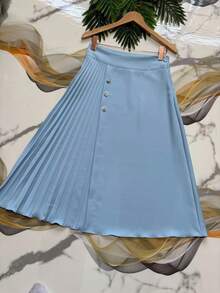 Steve Store Women's Fashion Elegant Patchwork A-Line Pleated Skirt With Simple Front Buttons - azul claro - 查看 4