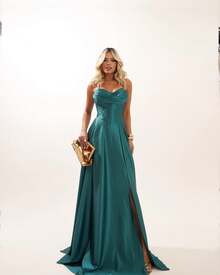 Elegant Satin Maxi Party Dress With Thin Straps, Side Slit, Tie At The Back, Ideal For Bridesmaid/Smart Casual Attire/Wedding Guest/Formal Occasions - 薄荷綠 - 查看 6