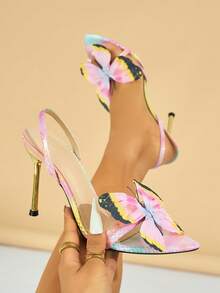 女士时尚高端优雅高跟尖头凉鞋，夏日氛围，3D 蝴蝶纹理舒适材质，高跟，女士凉鞋，性感裸带，适合户外聚会、派对、T 台，优雅简约迷人独特浅粉色高跟凉鞋 - 淺粉色 - 查看 2