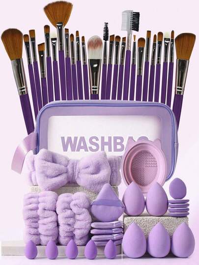 41件套专业化妆工具套装，大容量化妆包套装，包含：1个化妆包、20支化妆刷、1个发带、2个腕带、4个水滴形化妆海绵、4个三角粉扑、4个迷你水滴形化妆海绵、4个迷你指套粉扑、1个清洁工具，适用于液体彩妆、粉状彩妆和遮瑕膏，旅行化妆刷套装，大容量收纳包，圣诞礼物，女士礼品之选。