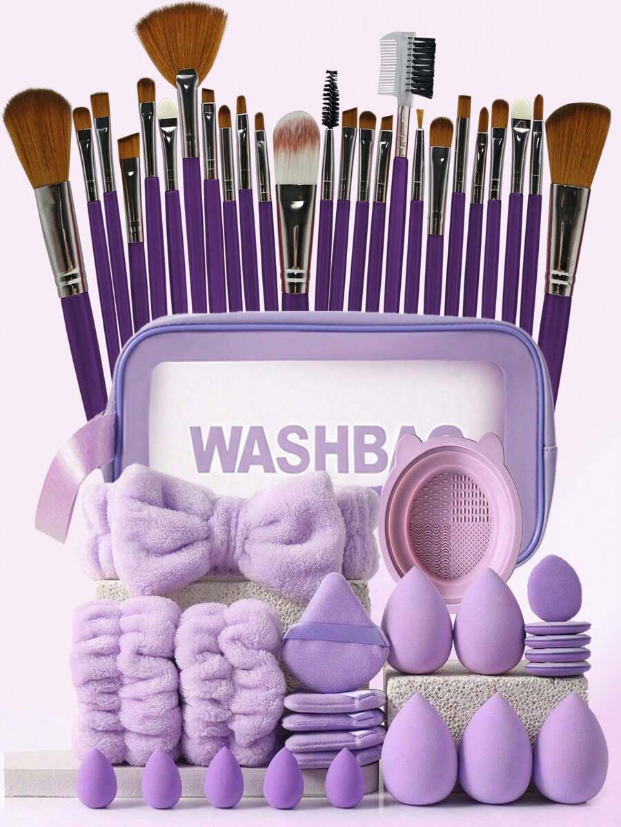 41件套专业化妆工具套装，大容量化妆包套装，包含：1个化妆包、20支化妆刷、1个发带、2个腕带、4个水滴形化妆海绵、4个三角粉扑、4个迷你水滴形化妆海绵、4个迷你指套粉扑、1个清洁工具，适用于液体彩妆、粉状彩妆和遮瑕膏，旅行化妆刷套装，大容量收纳包，圣诞礼物，女士礼品之选。