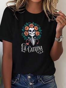 Camiseta De Mujer La Catrina Calavera Y Rosas Naranjas - 100% Casual Día De Los Muertos Con Estampado Vibrante Para Festivales Y Atuendo Diario - Oscuro - Ver 1