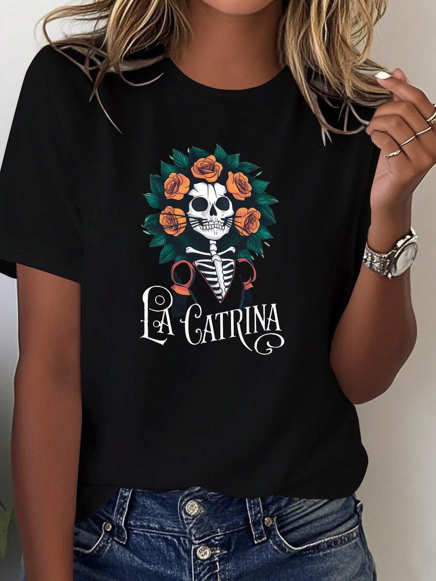 Camiseta De Mujer La Catrina Calavera Y Rosas Naranjas - 100% Casual Día De Los Muertos Con Estampado Vibrante Para Festivales Y Atuendo Diario - Oscuro - Ver 1