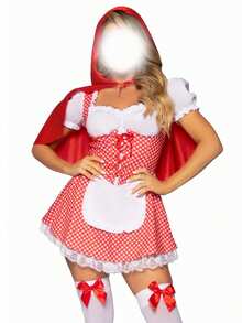 Halloween Miss Red Costume Women Halloween Fairytale Short Puff Sleeve Plaid Print Mini Corset Dress With Cape Role-Play Adult Costumes - 紅色 - 查看 1
