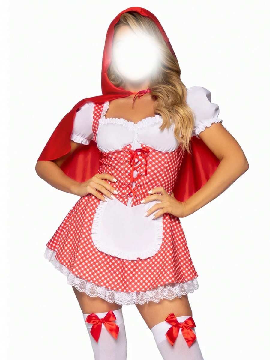 Halloween Miss Red Costume Women Halloween Fairytale Short Puff Sleeve Plaid Print Mini Corset Dress With Cape Role-Play Adult Costumes - 紅色 - 查看 1