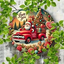 1 pièce Décoration murale en métal plate et limitée dans le temps en forme de camion du Père Noël - Panneau rond en fer avec une couronne de Noël, une maison en pain d'épices et un design de boîte-cadeau - Décoration de vacances moderne pour le salon, la cuisine, la chambre, le bar, la salle à manger, accessoires saisonniers pour la maison, motif festif