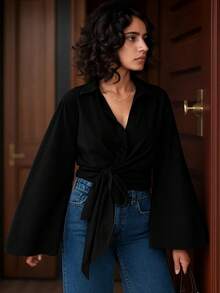 Wide Cuffed Sleeve Detailed Tie Front Poplin Shirt - Dark Wash - View 3