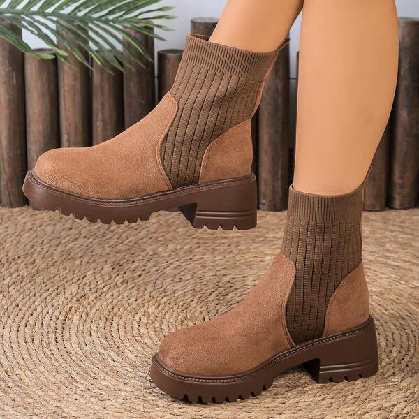 25th Autumn/Winter New Women's Solid Color Glossy Elastic Fabric Ankle Strap Patchwork Fabric Upper Thick Sole Lightweight Comfortable Fashion Women Short Boots, American Classic Style, Fashion Elevated Boots Essential For Outings, Side Patchwork Knit Elastic Fabric, Thick Sole Design, Suitable For Christmas, Halloween, Spring Festival, Christmas, Thanksgiving, Valentine's Day And Other Holidays, As Well As Daily Commuting, Shopping, Campus And Other Occasions