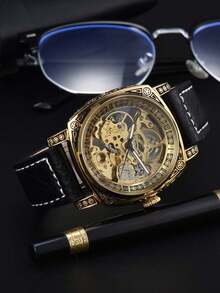 1 chiếc đồng hồ cơ tự động rỗng dành cho nam, kiểu dáng cổ điển sang trọng, dây da, thích hợp để đeo hàng ngày và làm quà tặng. - Vàng - Xem 7