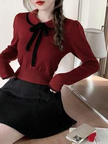 Women's Contrast Trim Crew Neck Sweater With Small Collar, Autumn/Winter - Dark Red - View 5