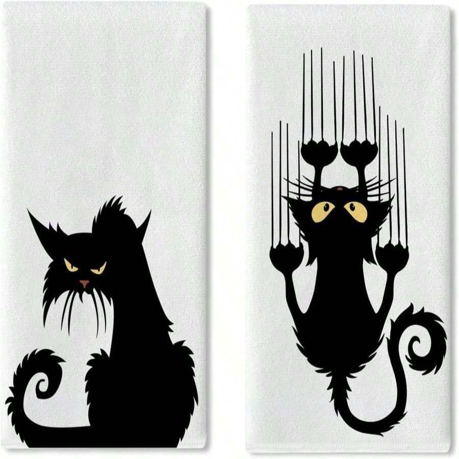 Croar - Juego de 2 toallas de cocina para rascar para Halloween con gatos negros, toallas de mano para secar para hornear, pa?o de cocina para due?os de mascotas, regalos divertidos para decoración - Blanco - Ver 1