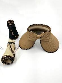 Foldable Wide-Brim Sun Hat - Leopard-Print Trim With Bow Detail, Portable Roll-Up Design Ideal For Travel/Beach/Outdoor Use, UV Protection, Women's Fashion Sports Hat, Compact Portable Hair Accessory