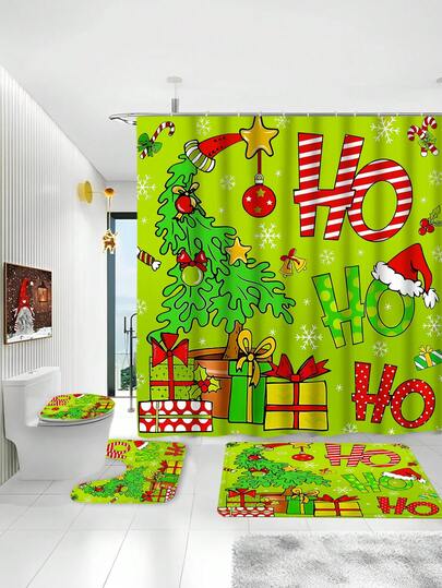 Cheerful Neon Green Christmas Cartoon Bathroom Set . Festive Holiday Decor | Cute Christmas Tree Wearing Santa Hat, Paired With Gifts, Candies And Snowflake Elements | Repeated "Ho" Text Adds Playfulness | Overall Design Is Bright And Lively, With Vivid Colors, Suitable For Children Or Households Who Enjoy Novel Colors | Includes Shower Curtain, Toilet Seat Cover, Bath Mat And Pedestal Mat