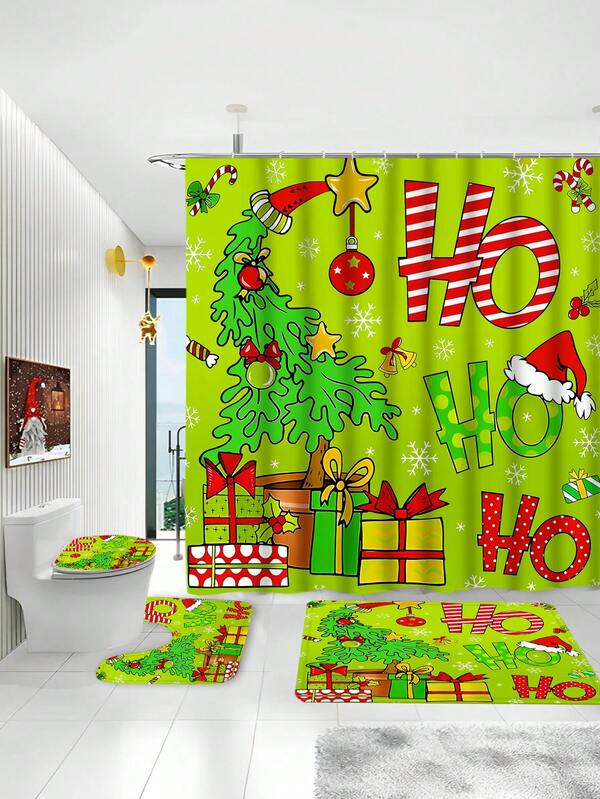 Cheerful Neon Green Christmas Cartoon Bathroom Set . Festive Holiday Decor | Cute Christmas Tree Wearing Santa Hat, Paired With Gifts, Candies And Snowflake Elements | Repeated "Ho" Text Adds Playfulness | Overall Design Is Bright And Lively, With Vivid Colors, Suitable For Children Or Households Who Enjoy Novel Colors | Includes Shower Curtain, Toilet Seat Cover, Bath Mat And Pedestal Mat
