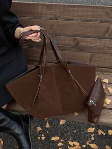 Bolso de hombro de mujer de estilo vintage, nueva colección Otoño/Invierno 2025, de gran capacidad para ir al trabajo, bolso de tela de piel de antílope de unicolor simple, con bolsa interior que se puede usar como monedero o bolsa de maquillaje, adecuado para uso diario, compras, vacaciones en el campo, etc. (Si hay algún olor, colóquelo en un lugar ventilado durante 1-3 días para disipar el olor del material) - Café - Ver 9