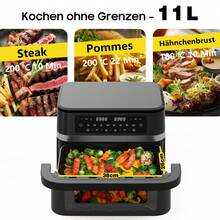 Frytkownica na gorące powietrze o pojemności 11 l, dwustrefowa | Airfryer 2950W z okienkiem i oświetleniem, podwójna komora z wyjmowaną przegrodą, funkcja Sync Cook & Finish, dioda LED Touch, 8 programów, kosz nadający się do mycia w zmywarce, zdrowe i beztłuszczowe, automatyczne wyłączanie - Wtyczka UE typ E (220–240 V) - Zobacz 6