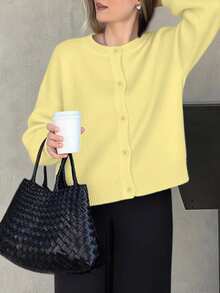 Knit Mix 优雅女士法式宽松针织开衫，时尚圆领长袖毛衣，秋冬季休闲纯色外套 - 黃色 - 查看 7