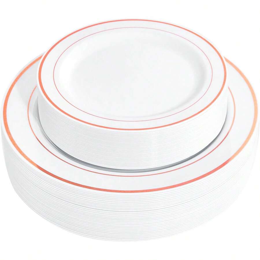 50/25/20/10/5pcs Reusable Washable White Round Rose Gold Rim Plates, Party Plates, Salad Plates, 10.25" And 7.5" Dinner Plates, Suitable For Christmas Gifts, Family Gatherings, Parties, Outdoor, Weddings, Restaurants, Kitchen