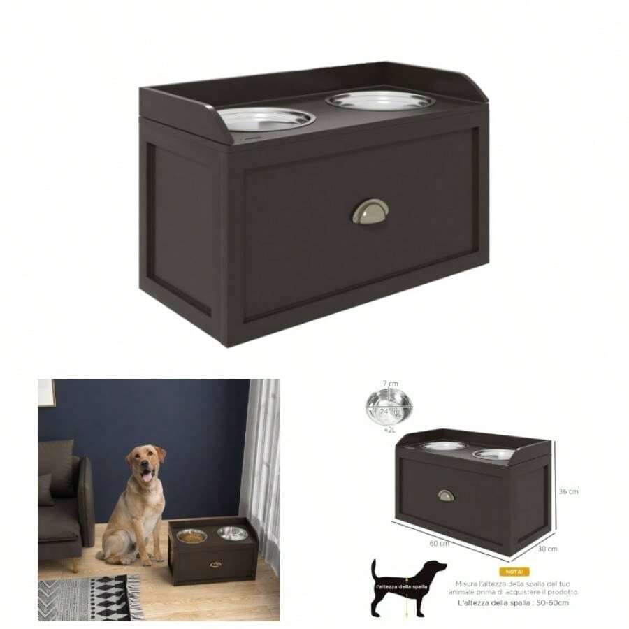 Stainless Steel Raised Dog Bowls, With 21L Storage Drawer Large Dogs - Brown - Brown + Stainless Steel - View 1