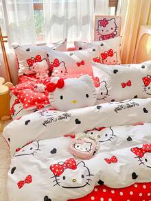 Sanrio 可爱印花 2/3 件床上用品套装 - Hello Kitty/Kuromi/Cinnamoroll/Pochacco（1 件羽绒被套 + 1/2 件枕套，无填充物）卡通全尺寸，柔软舒适，适合宿舍、家庭卧室、酒店、所有季节，带拉链开合和枕套，多色，超大床上用品套装，超大羽绒被套 - 波點凱蒂 - 查看 4