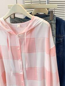 Camisa con capucha de manga larga a cuadros casual para mujer, con botones delanteros, adecuada para otoño, invierno, primavera, escuela, fiesta, rosa - Rosa - Ver 8