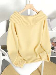 全新女式时尚婚礼纯色休闲长袖褶皱性感露肩单领设计套头毛衣 - 黃色 - 查看 5