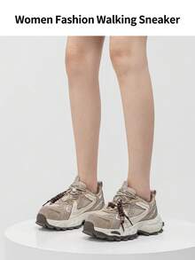 somiliss 5厘米厚底系带休闲女鞋，透气网眼面料，防滑户外步行鞋，时尚厚底，杏色，适合日常穿着