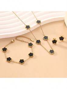 Conjunto de joyería de collar, pulsera y aretes con colgante de flor de 5 pétalos de acero inoxidable, accesorios de moda versátiles, mejor regalo para mujeres