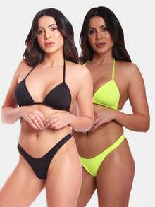 KIT 2 Biquíni Tanga Calcinha Asa Delta Moda Praia Verão Look Casual Moda Feminina - Preto e Amarelo Neon - Visão 2
