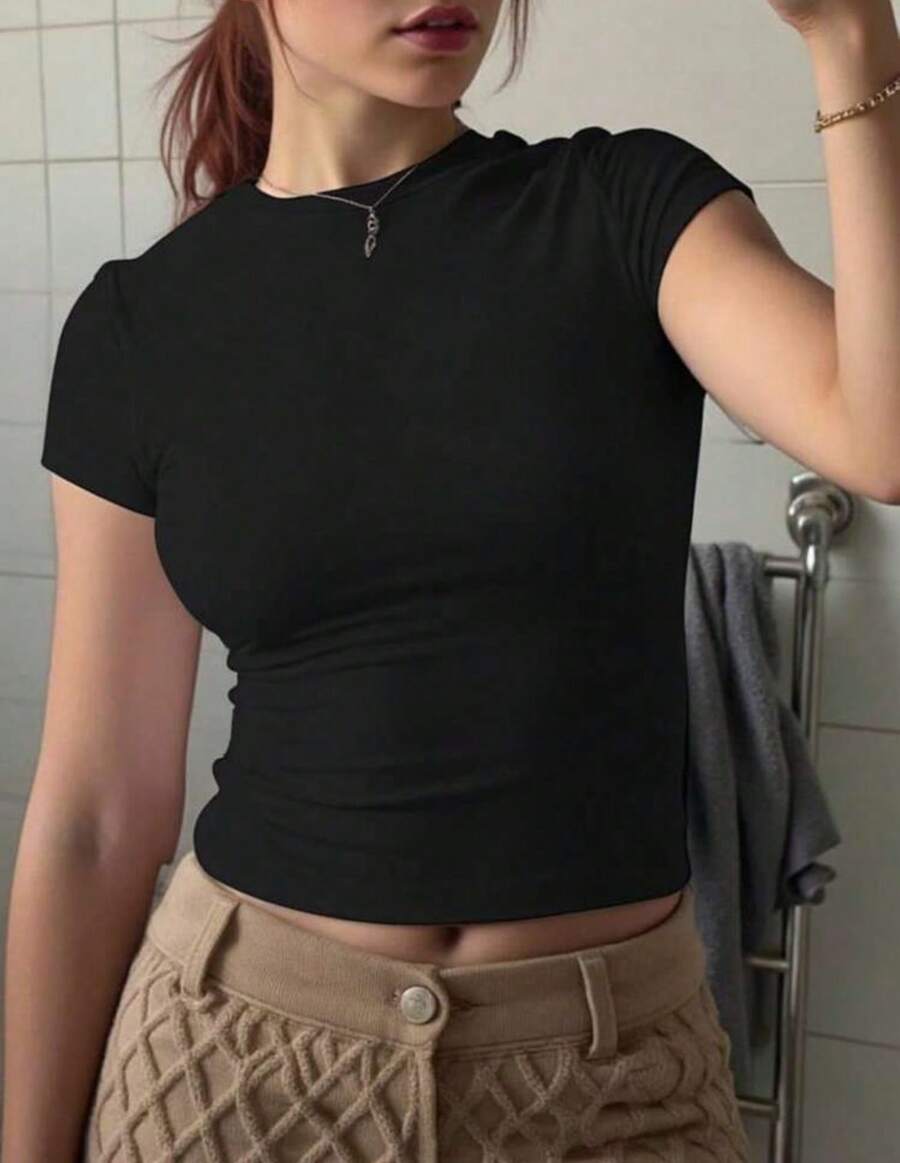 Women's Baby Tee Casual Minimalist Summer Fashion Babylook Blouse - 黑色 - 查看 1