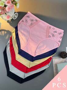 6-Piece [Women Panties] Sexy Plus Size Seamless Doubble Hearts Prints Women's Mid-Waist Briefs With Breathable Fabric, Featuring Intimate Comfort Christmas Halloween Gifts(6 Color Random Delivery) - Nhiều màu - Xem 1