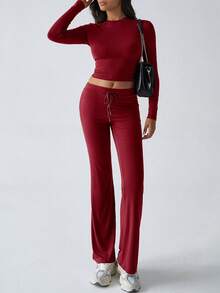 QING ROU 2pcs Set: Top + Pants, Minimalist Stylish Sports Outfit, Comfortable Fabric Suitable For Home, Workout, And Outdoor Wear, Fall & Winter Clothes - Red - View 3