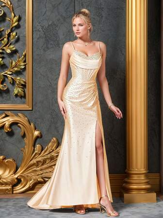 Blingbling    Modest  Glamorous    Satin    Split Thigh  Zipper  Draped    Formal & Evening    Homecoming Evening Dress